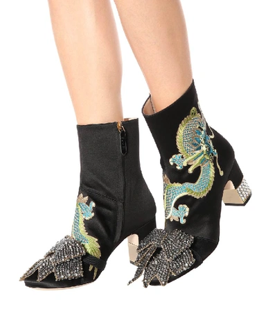 Shop Gucci Embroidered Satin Ankle Boots In Black