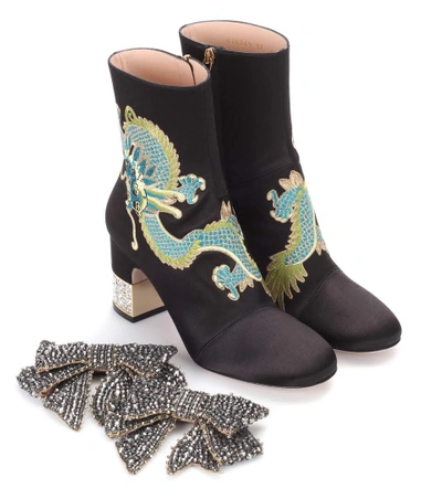 Shop Gucci Embroidered Satin Ankle Boots In Black