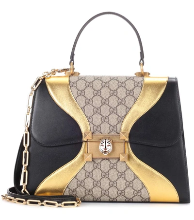 Shop Gucci Linear G Feline Leather Tote In Neutrals