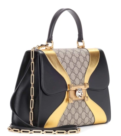 Shop Gucci Linear G Feline Leather Tote In Neutrals