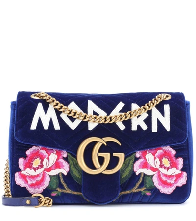 Gucci Gg Marmont Medium Embroidered Velvet Chain Shoulder Bag In Blue Multi
