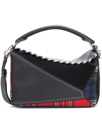 Loewe Puzzle Leather, Suede And Wool Shoulder Bag In Black/multicolor