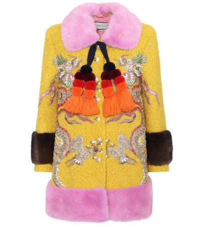 Gucci Mink Fur-trimmed Wool-blend Coat In Giallo