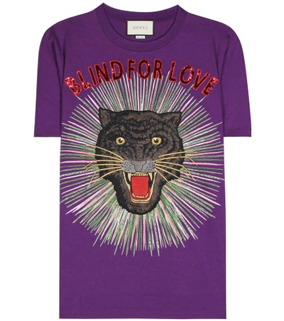 Gucci Panther-embroidered Cotton T-shirt In Violet Printed/multi