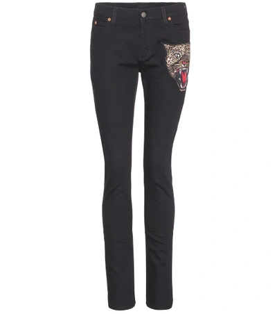 Shop Gucci Appliquéd Skinny Jeans In Black