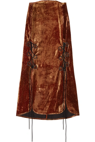 Ellery Woman Bow-embellished Crushed-velvet Midi Skirt Copper In Mottles Rust Go