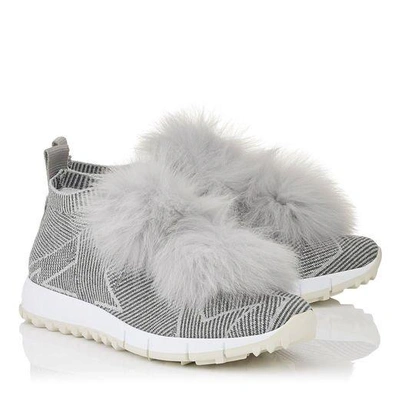 Shop Jimmy Choo Norway Moonstone Knit And Lurex Trainers With Silver Fur Pom Poms In Moonstone/silver
