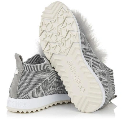 Shop Jimmy Choo Norway Moonstone Knit And Lurex Trainers With Silver Fur Pom Poms In Moonstone/silver