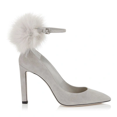 Shop Jimmy Choo South 100 Moonstone Suede Pumps With White Fox Fur Pom Poms In Moonstone/white Mix