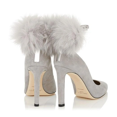 Shop Jimmy Choo South 100 Moonstone Suede Pumps With White Fox Fur Pom Poms In Moonstone/white Mix