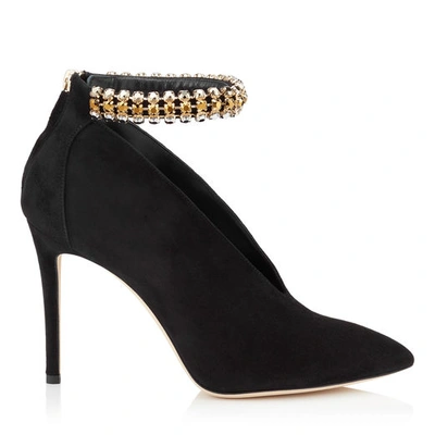 Shop Jimmy Choo Lux 100 Black Suede Booties With Swarovski Crystal Anklet In Black/gold Mix