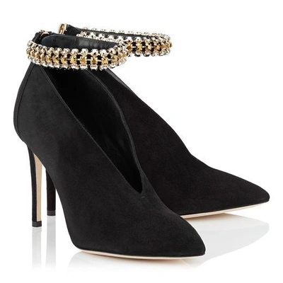 Shop Jimmy Choo Lux 100 Black Suede Booties With Swarovski Crystal Anklet In Black/gold Mix