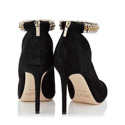 Shop Jimmy Choo Lux 100 Black Suede Booties With Swarovski Crystal Anklet In Black/gold Mix