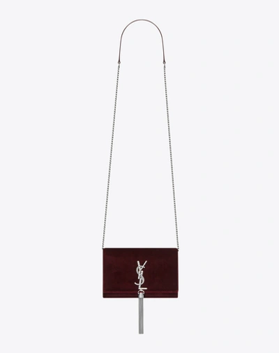 Saint Laurent Kate Chain And Tassel Wallet In Bordeaux Velvet And Crystals In Red