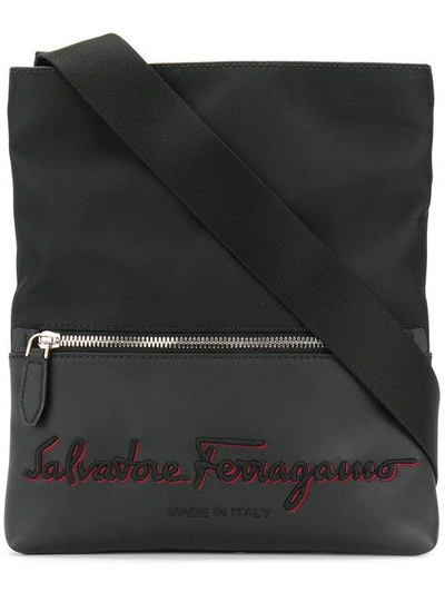 Shop Ferragamo Salvatore  Embroidered Logo Messenger Bag - Black