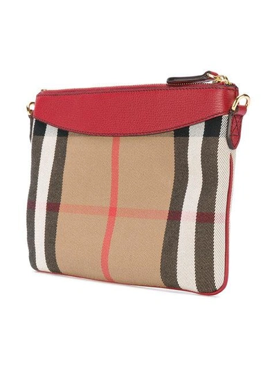Shop Burberry House Check And Leather Clutch Bag - Red