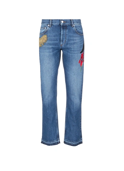 Shop Alexander Mcqueen Feather Floral Embroidered Cropped Jeans