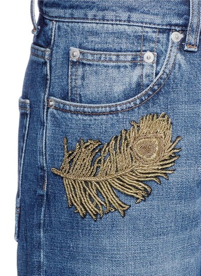 Shop Alexander Mcqueen Feather Floral Embroidered Cropped Jeans