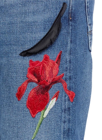 Shop Alexander Mcqueen Feather Floral Embroidered Cropped Jeans