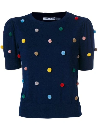 Alice And Olivia Brady Pompom embellished Knitted Stretch cotton Sweater In Navy Multi ModeSens
