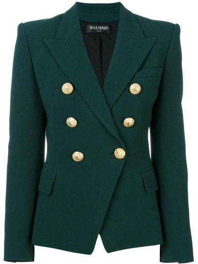 Balmain 双排扣绉纱西装式外套 In Green