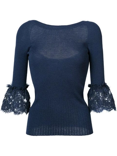 Shop Oscar De La Renta Lace Bell Sleeved Blouse - Blue
