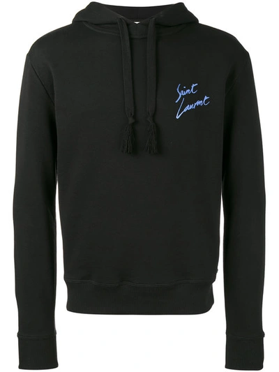 Saint Laurent Signature Print Hooded Cotton Sweatshirt In Black