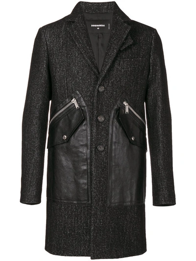 Dsquared2 Tokyo Wool Coat W/ Leather Pockets In Black Grey