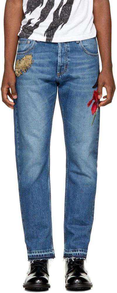 Shop Alexander Mcqueen Blue Embroidered Selvedge Jeans