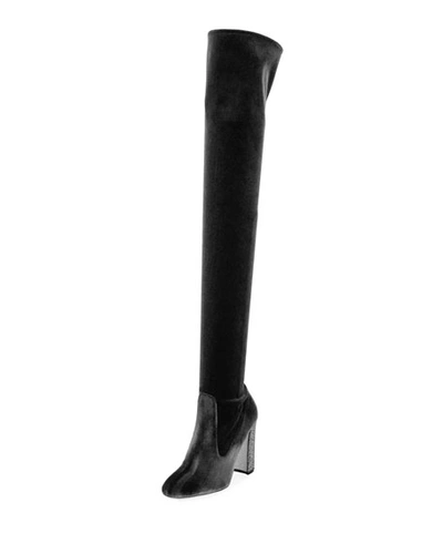 René Caovilla Velvet Crystal-heel Over-the-knee Boot, Black