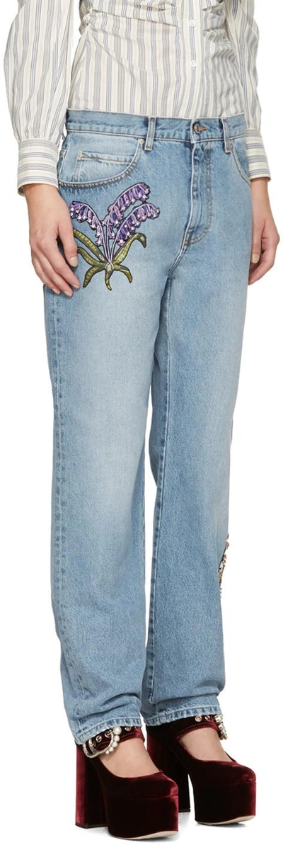 Shop Alexander Mcqueen Blue Embroidered Floral Boyfriend Jeans In 4250 Faded Blue