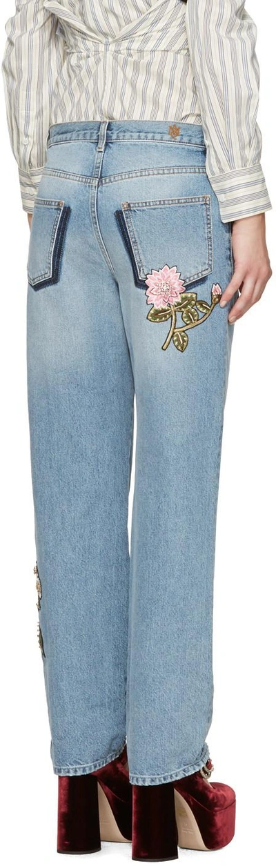 Shop Alexander Mcqueen Blue Embroidered Floral Boyfriend Jeans In 4250 Faded Blue