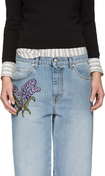 Shop Alexander Mcqueen Blue Embroidered Floral Boyfriend Jeans In 4250 Faded Blue