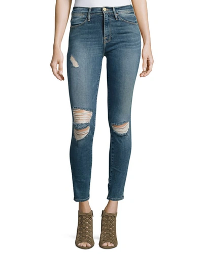 Frame Le High Distressed Skinny Jeans In Medium Blue