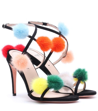 Shop Fendi Fur-trimmed Suede Sandals In Black