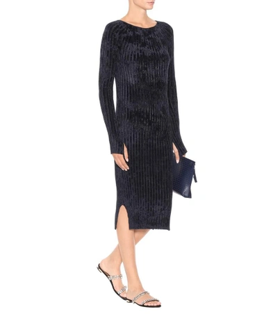 Shop Helmut Lang Ribbed-velvet Sweater Dress In Blue