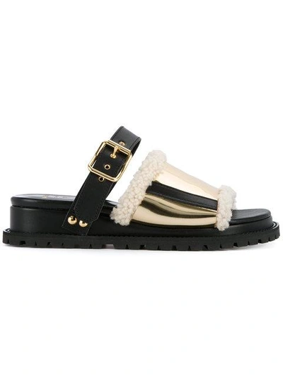 Shop Sacai Shearling Trim Sandals - Black