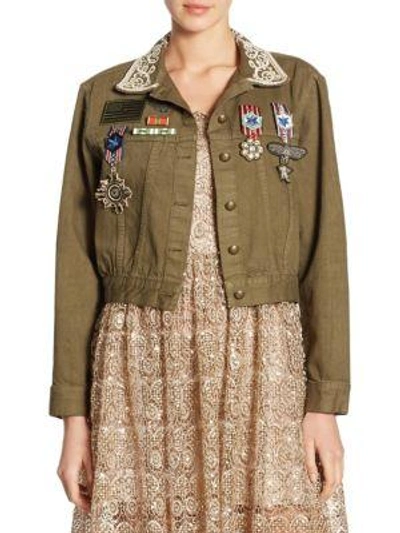 Shop Alice And Olivia Chloe Embroidered Cropped Army Cotton Jacket
