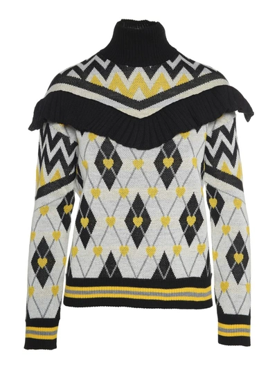Shop Msgm Ruffle-trimmed Jaquard Wool-blend Sweater In Bianco