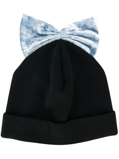 Shop Federica Moretti Bow Embroidered Beanie Hat In Blacklgtblu