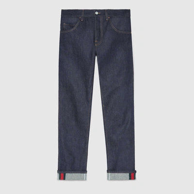 Gucci Tapered Denim Pants With Web In Blue