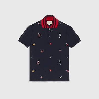 Shop Gucci Cotton Polo With Embroideries In Blue