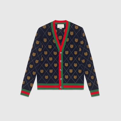 Shop Gucci Tiger Argyle Wool Cardigan In Ink Blue