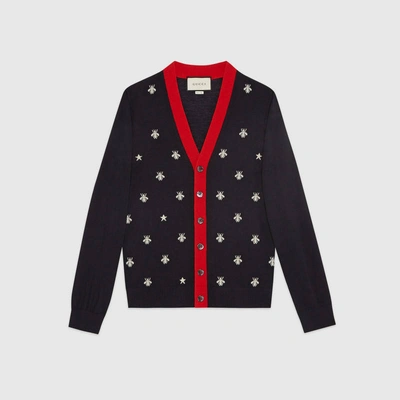 Gucci Wool Cardigan With Bees And Stars In Blue