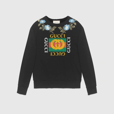 Shop Gucci Cotton Sweatshirt With  Logo And Flowers In Black Cotton