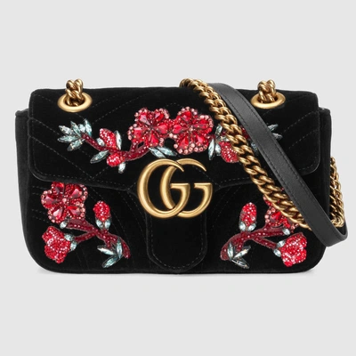 Shop Gucci Gg Marmont Embroidered Velvet Mini Bag In Black