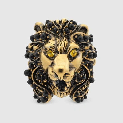 Shop Gucci Lion Head Ring With Crystals In Gold