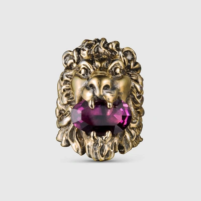Gucci Lion Head Ring With Crystal In Purple