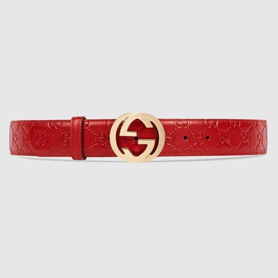 Shop Gucci Signature Leather Belt In Red  Signature Leather