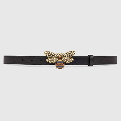 Gucci Embellished Bee Clasp Leather Belt In Black